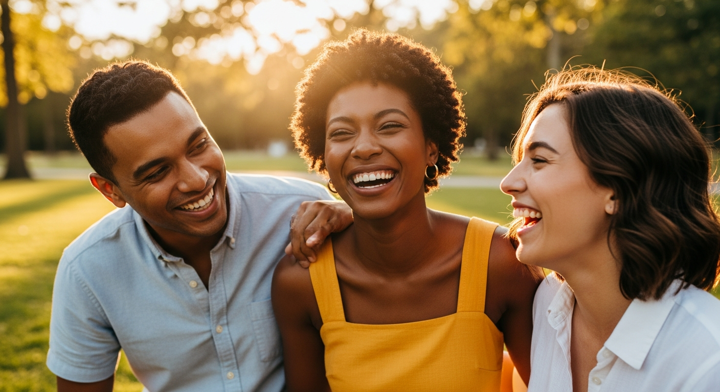 Happy polyamorous family of Black and Brown people laughing together in a vibrant city environment