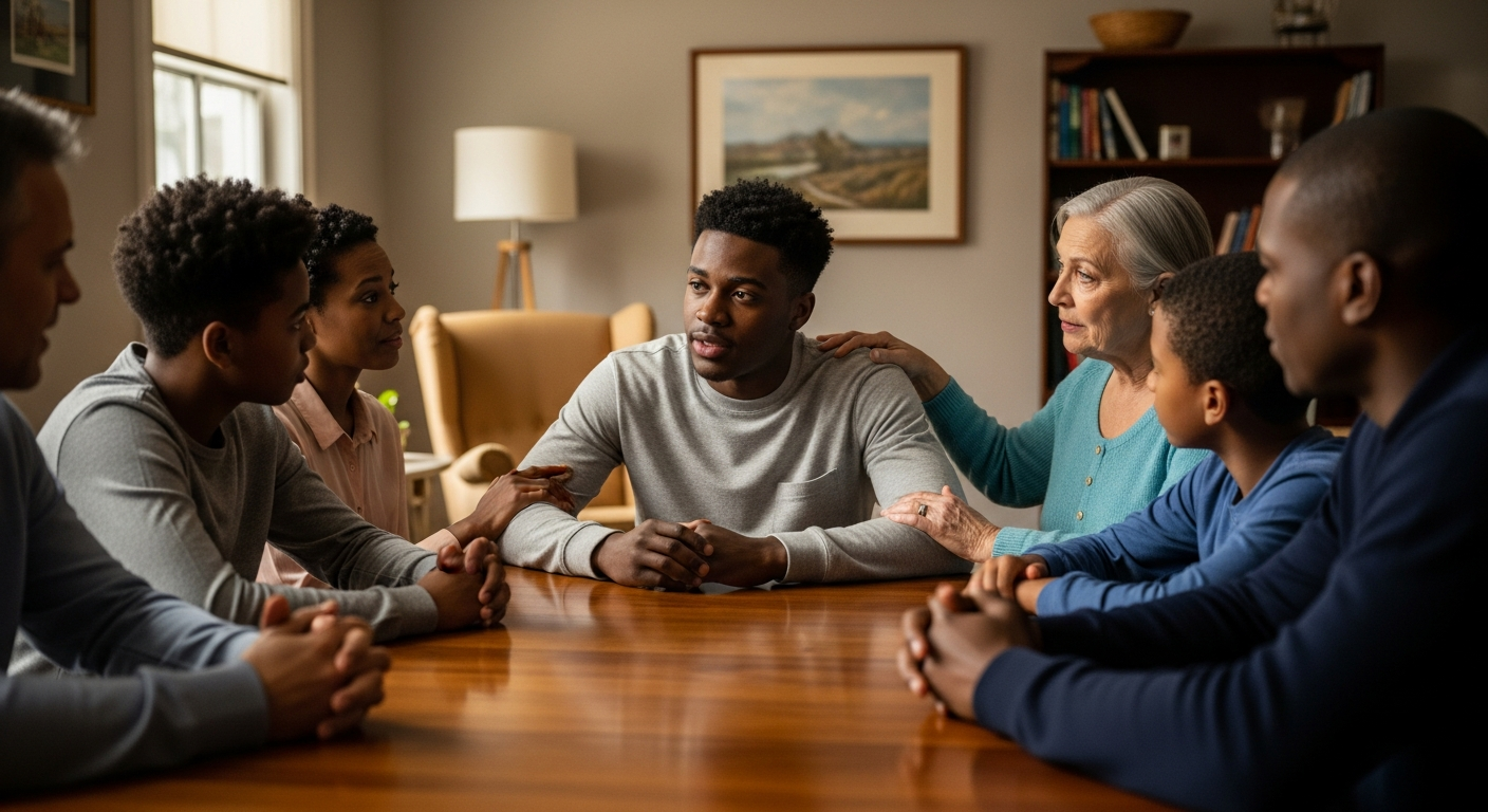 A confident Black woman having a warm conversation with a family member in a cozy living room