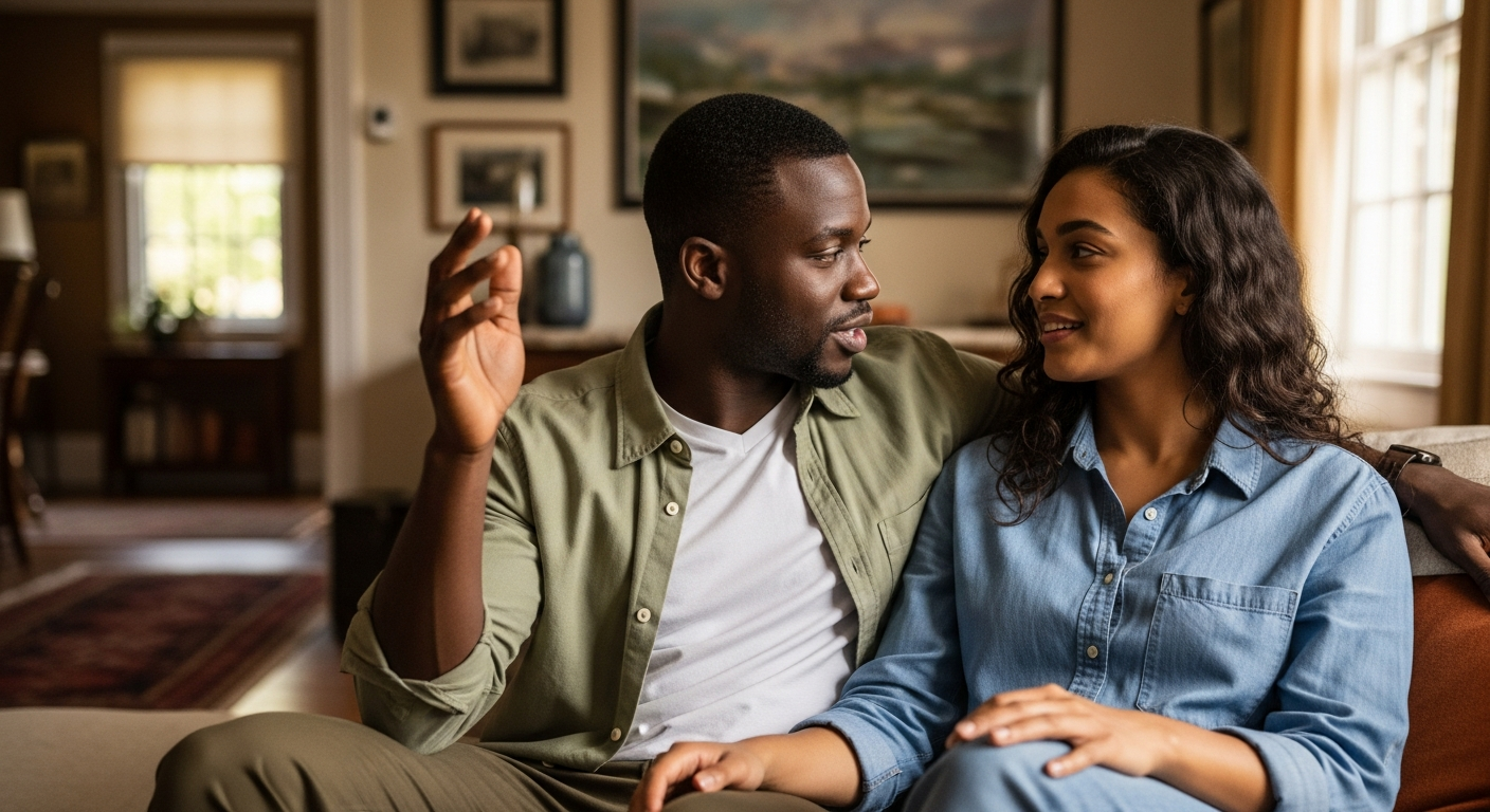 Two Black partners having an open honest conversation in a warm urban home environment