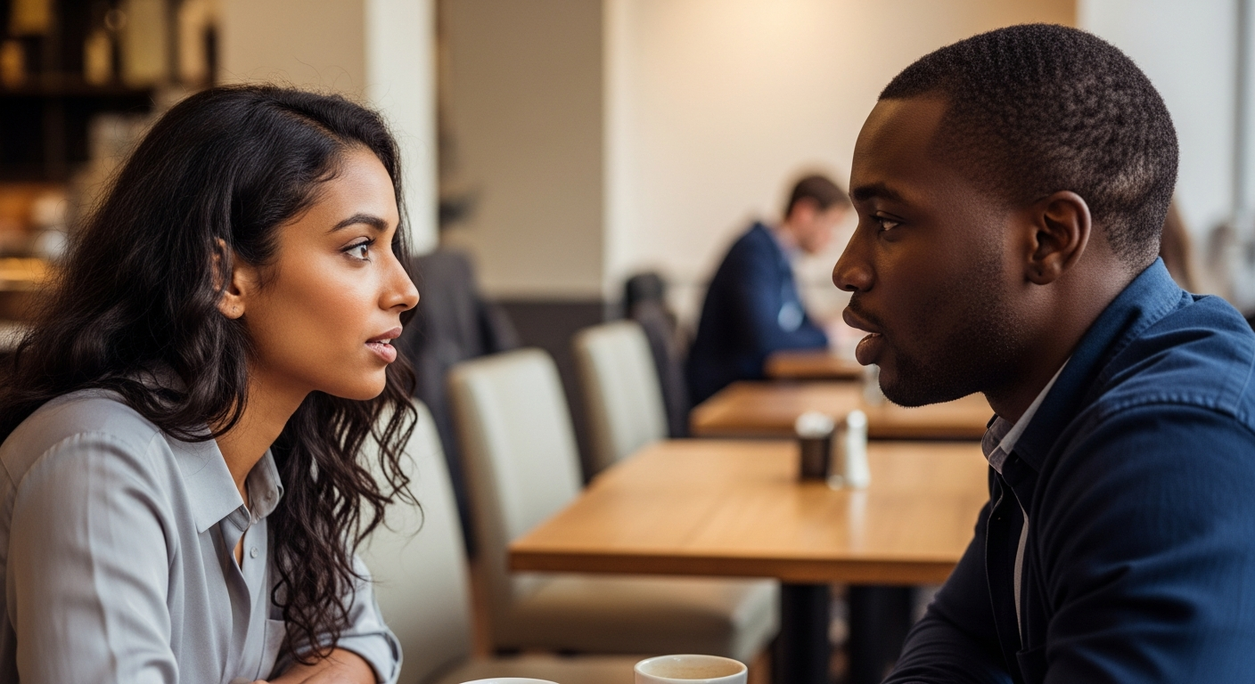 A happy group of diverse Black and Brown polyamorous people at a city cafe enjoying time together
