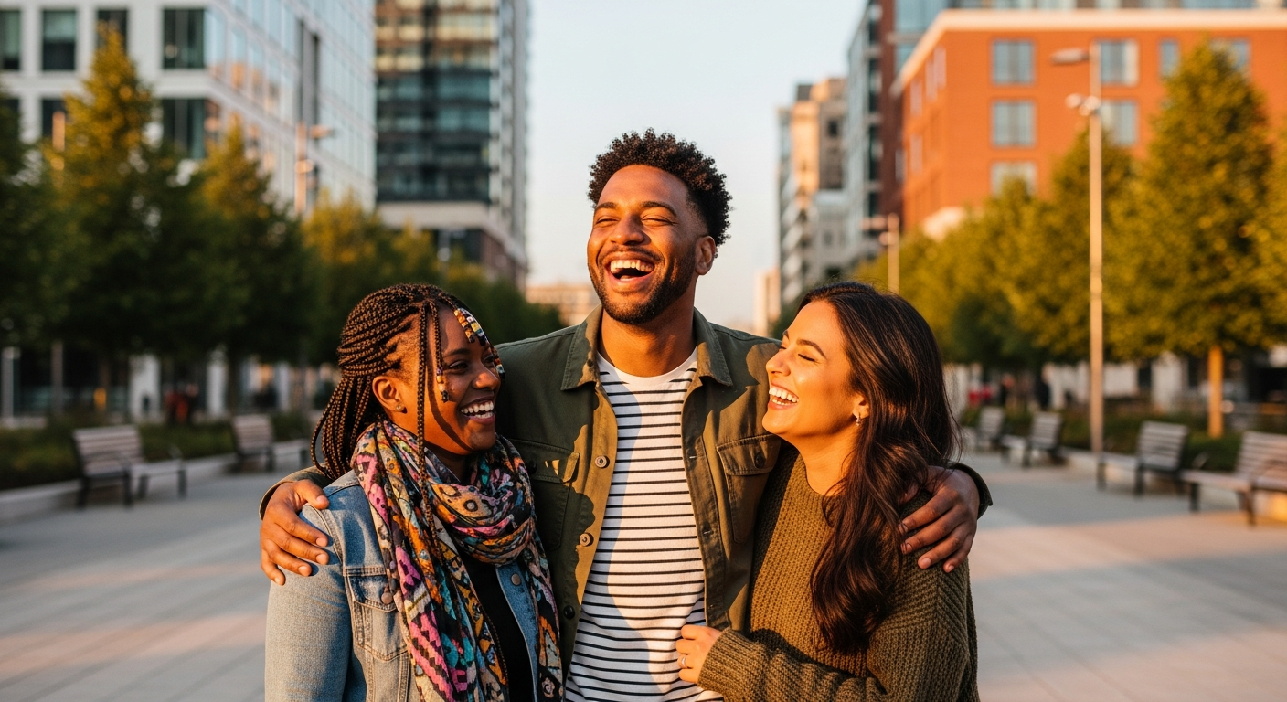 A loving diverse Black and Brown polyamorous couple and friends in a vibrant city setting