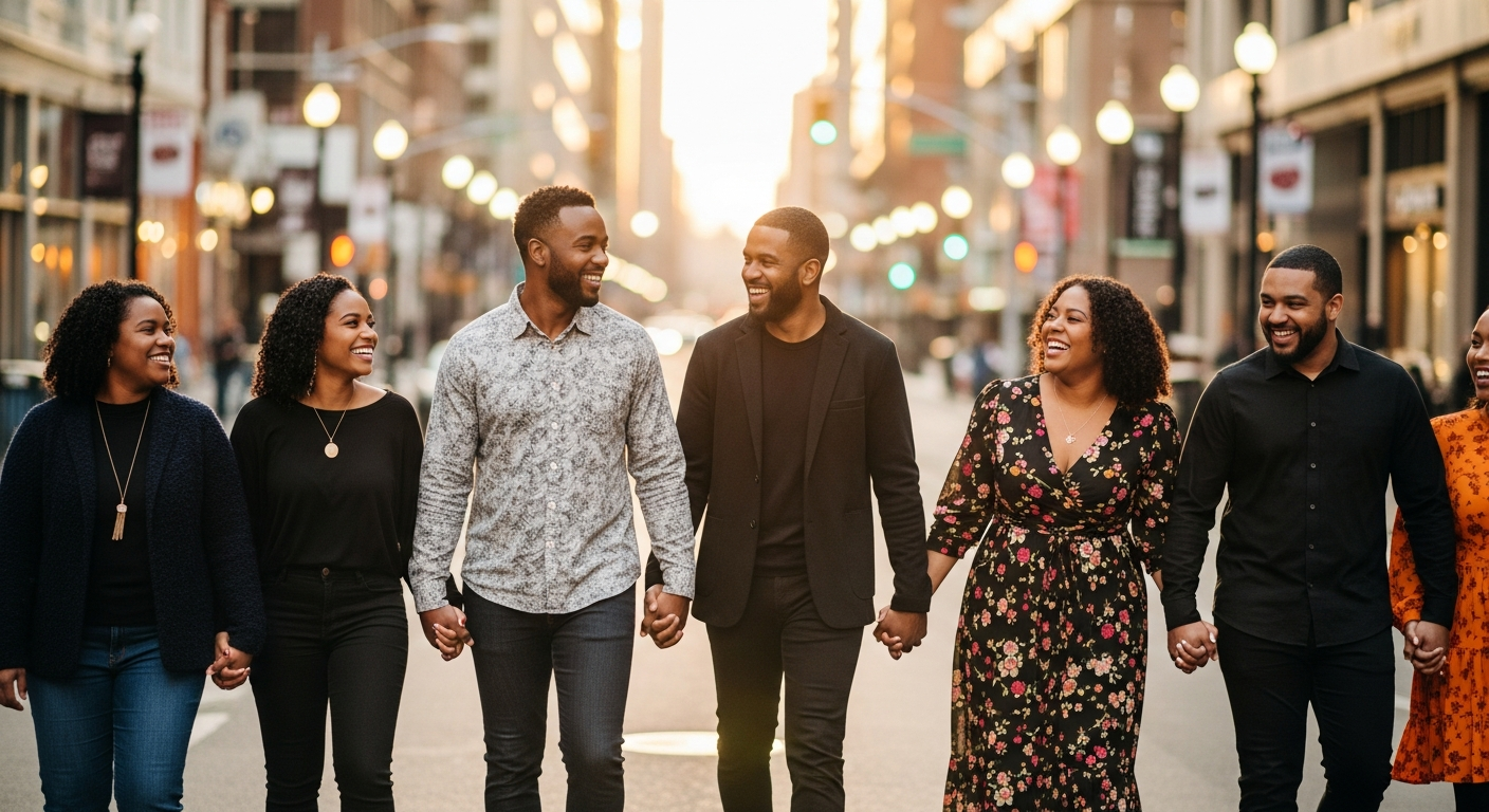 A loving Black couple having an open honest conversation in a vibrant city environment