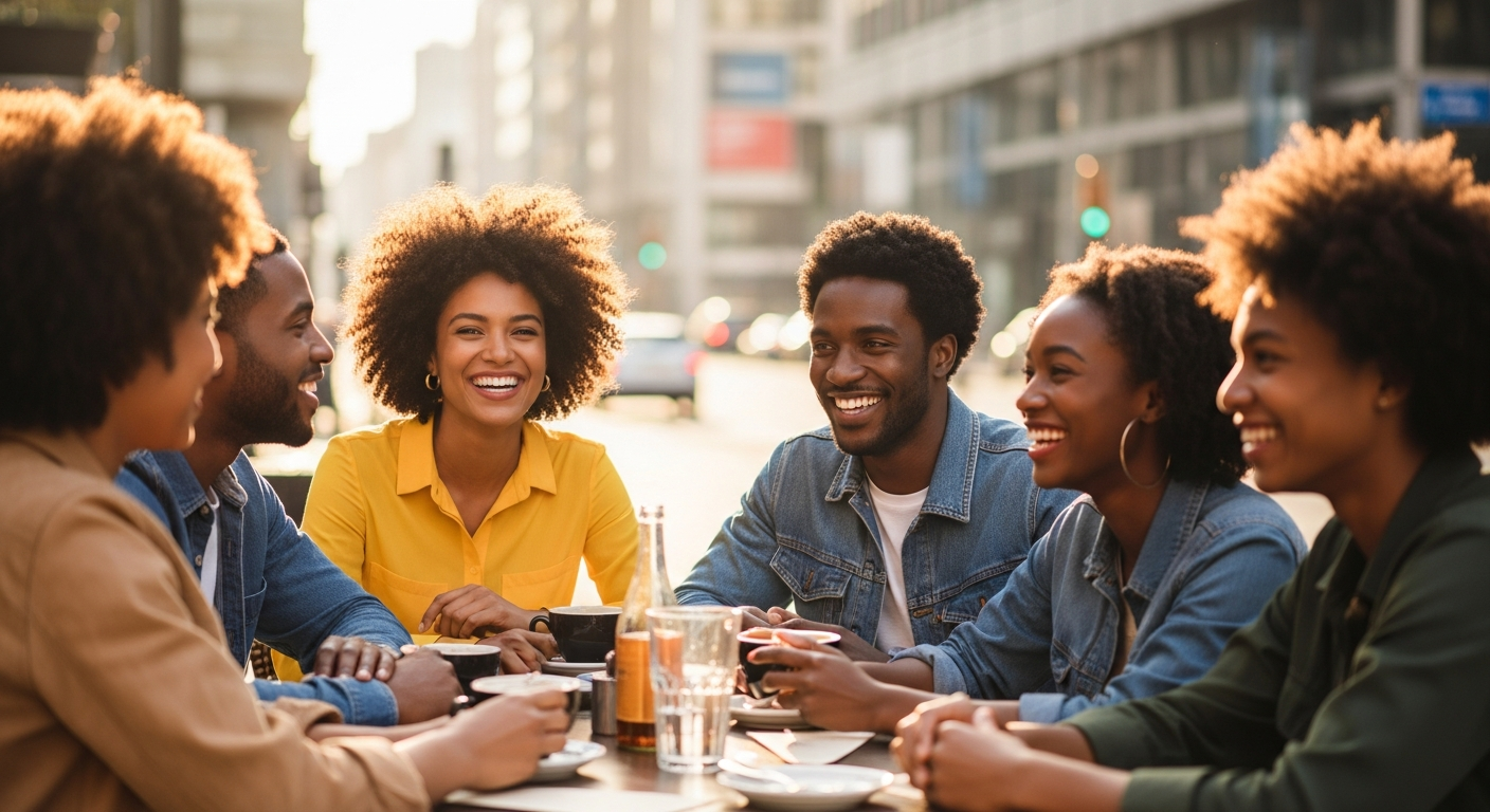 Two Black women laughing and feeling the joy of a new connection at a vibrant outdoor cafe