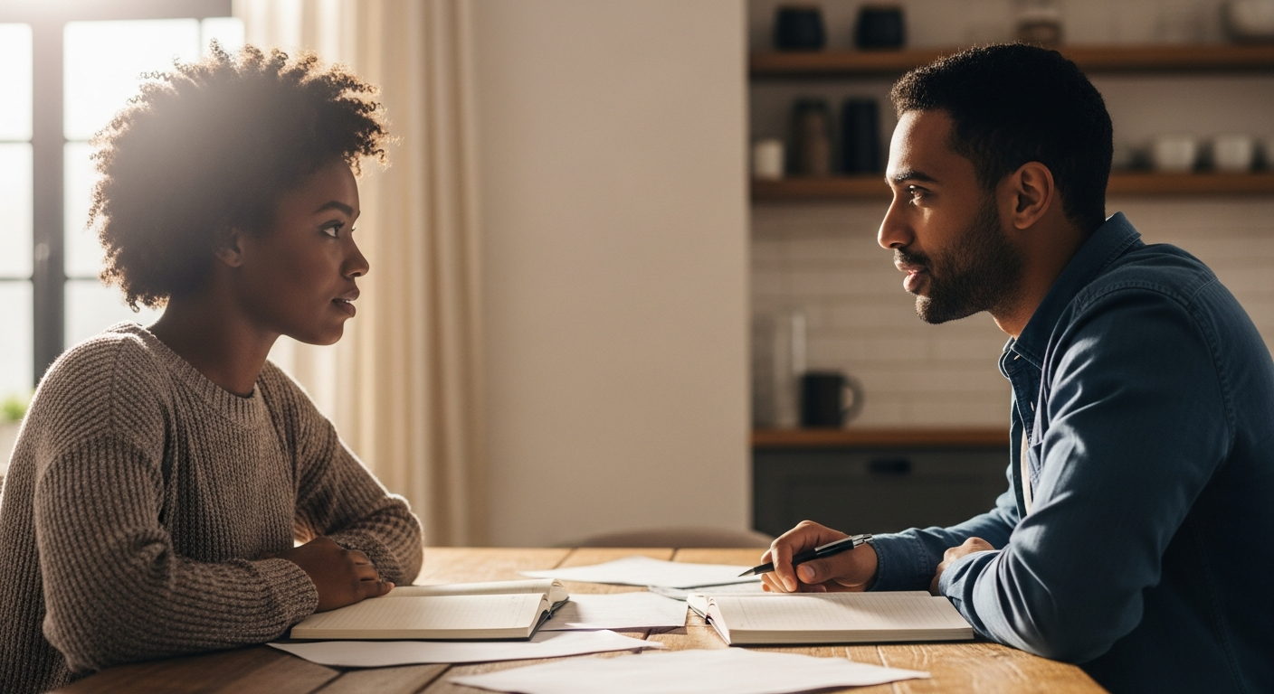 A happy Black couple having an open and honest conversation together in a warm urban home
