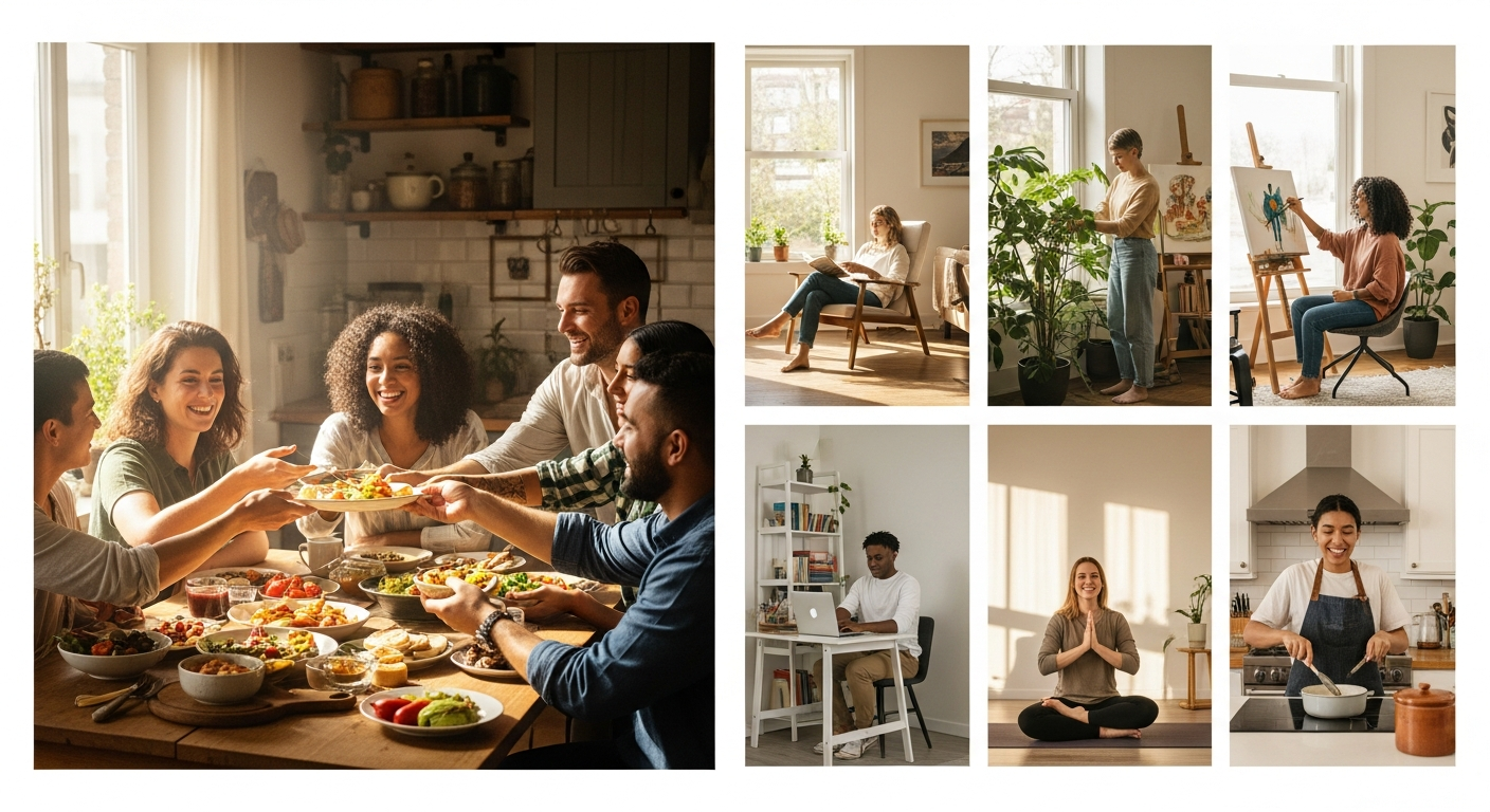 A warm and diverse group of friends gathered around a large kitchen table, sharing food and conversation