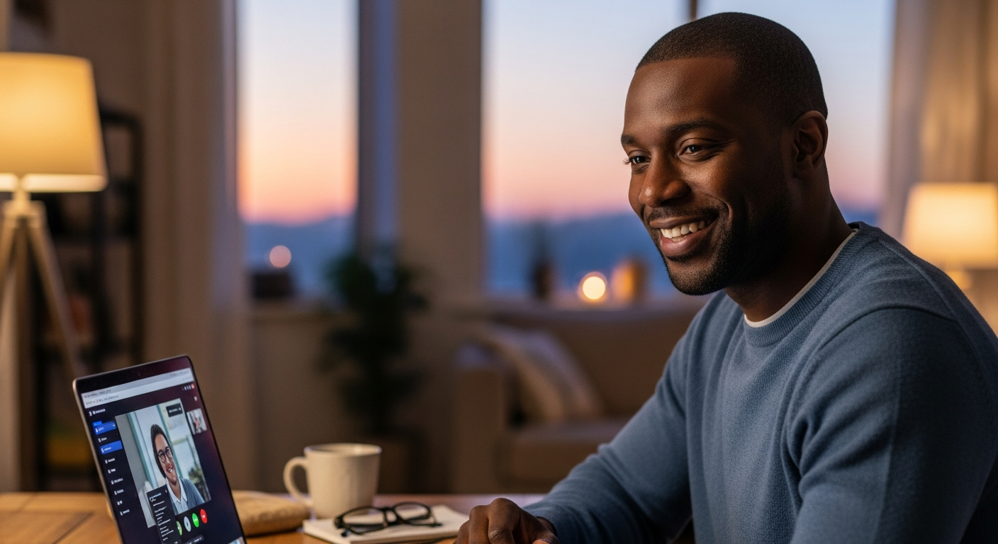 A smiling Black woman video calling on her laptop from a cozy home, clearly engaged in a warm conversation