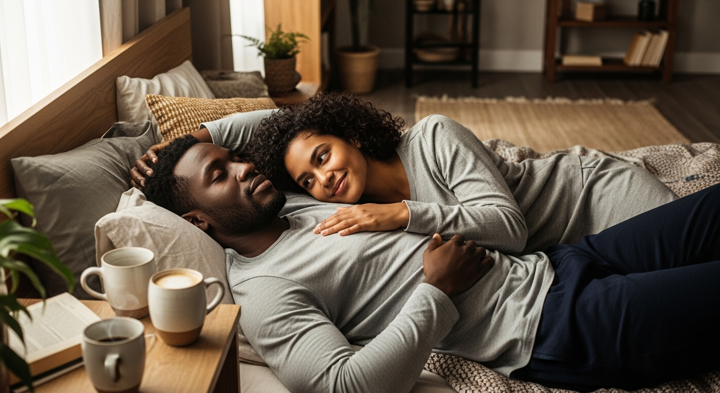 A cozy shared home interior with two people moving through a well-organized, warmly lit living space together