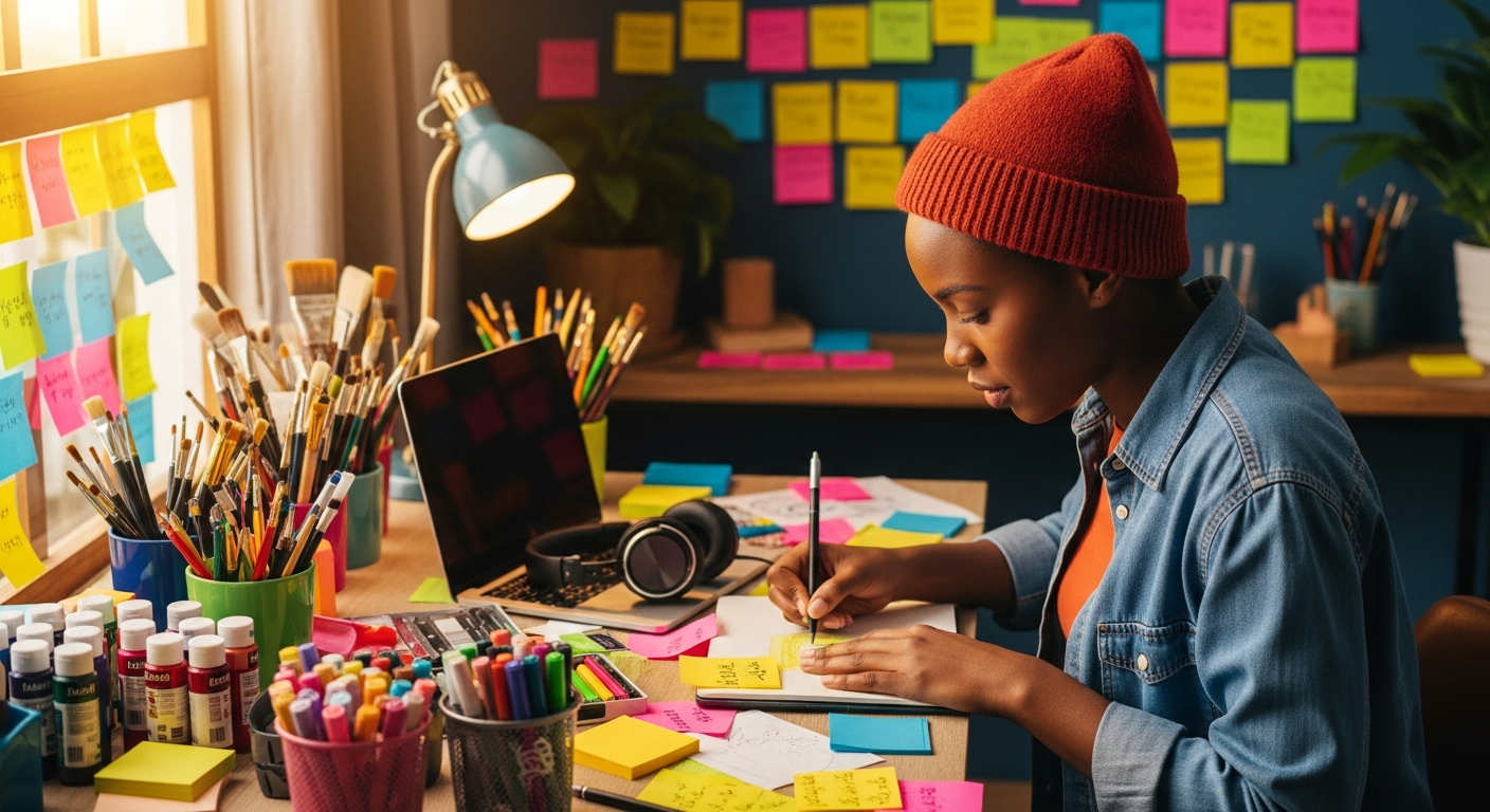 A focused and thoughtful Black woman sitting at a desk with headphones around her neck, looking confidently at the camera