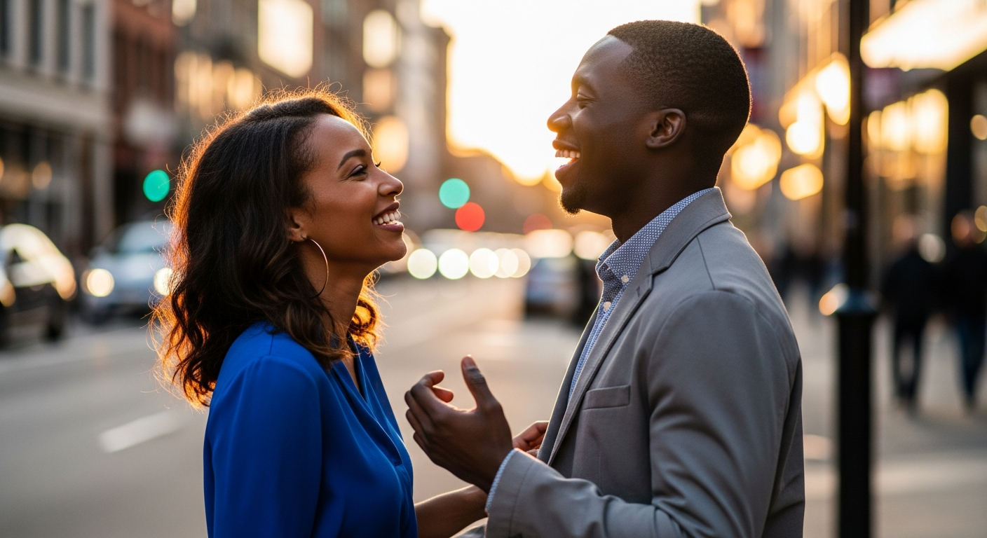 Two Black women laughing and feeling the joy of a new connection at a vibrant outdoor cafe