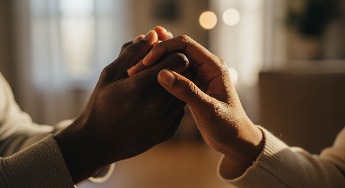 A joyful married Black couple laughing together in a warm, vibrant home setting
