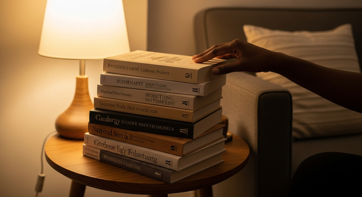 A diverse woman reading a book in a cozy, warmly lit home library setting