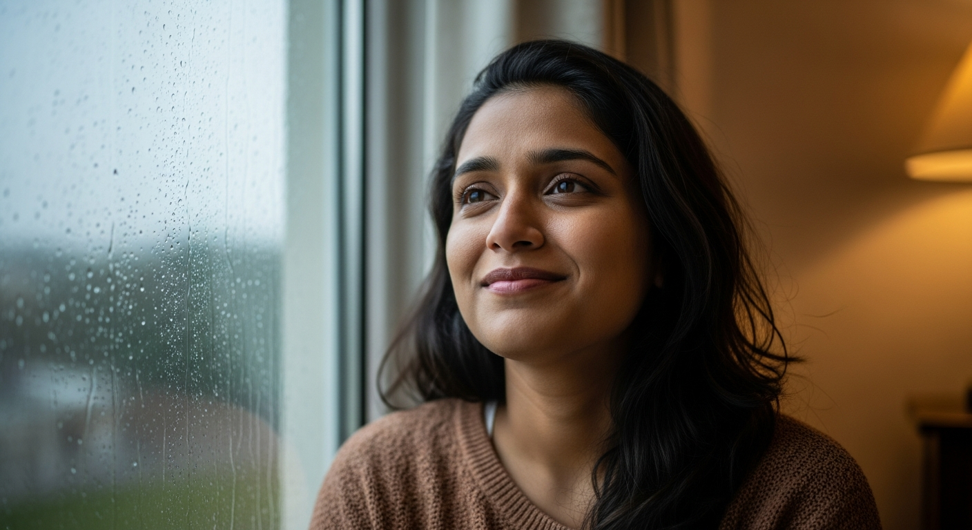 A woman sitting by a window in soft light, holding a warm cup of tea in quiet, reflective thought