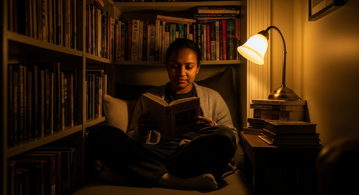 A relaxed Black person reading a book alone in a cozy armchair, at peace in their own space