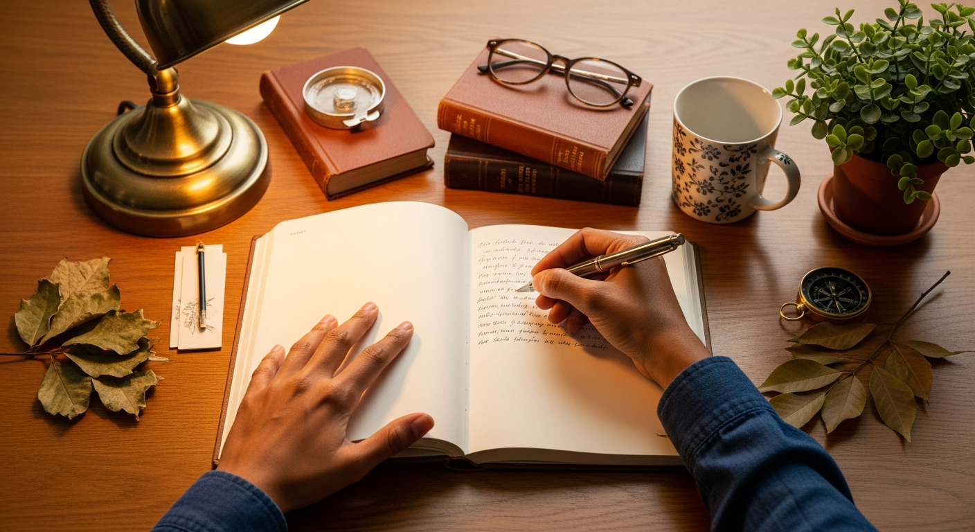 A person of color sitting with an open notebook and coffee, engaged in thoughtful study