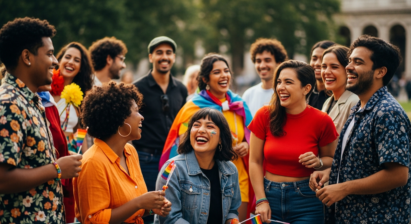 Joyful group of diverse LGBTQ+ friends gathered together outdoors in celebration, laughing and embracing