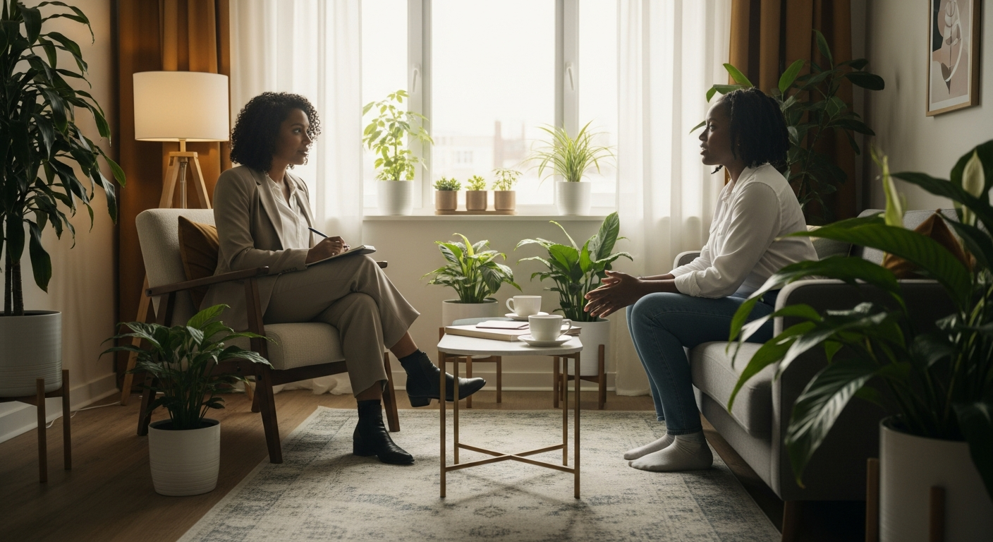 A calm Black woman in a thoughtful conversation in a peaceful, welcoming therapy or home setting
