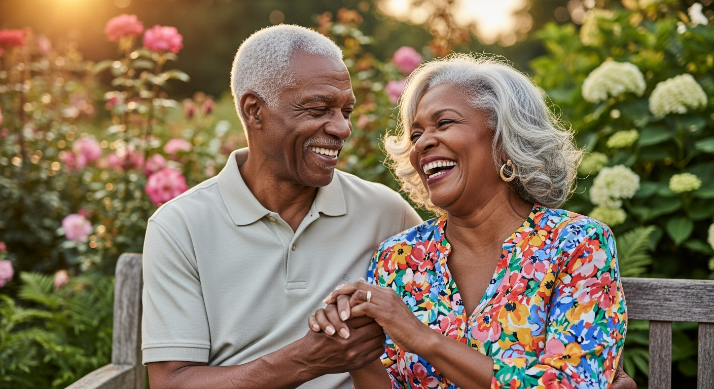 A joyful older Black couple and their friends laughing together at an outdoor gathering on a warm afternoon