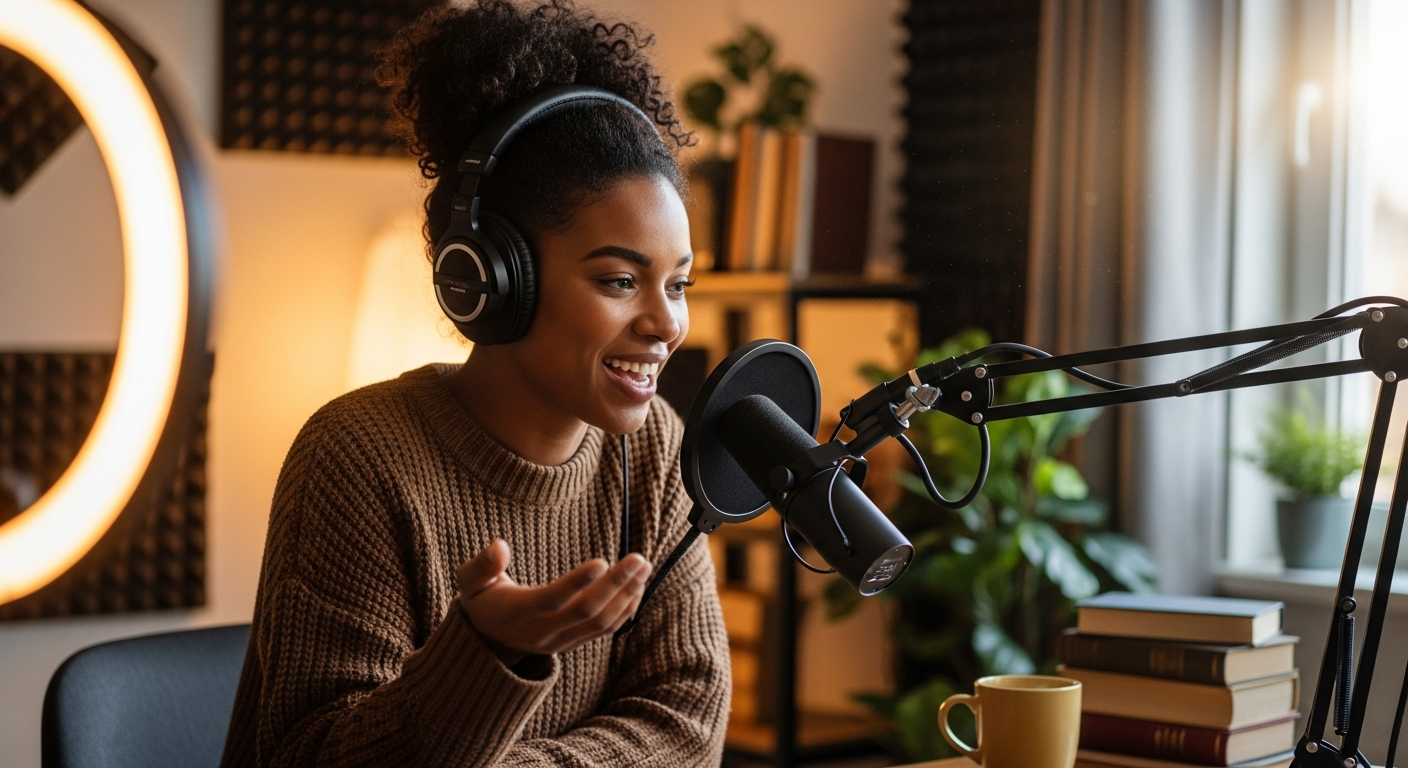 A woman of color with headphones listening thoughtfully in a bright modern workspace