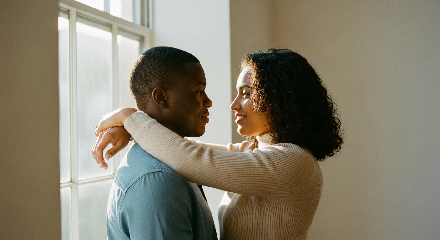 Two smiling Black people embracing warmly in a sunlit outdoor park setting