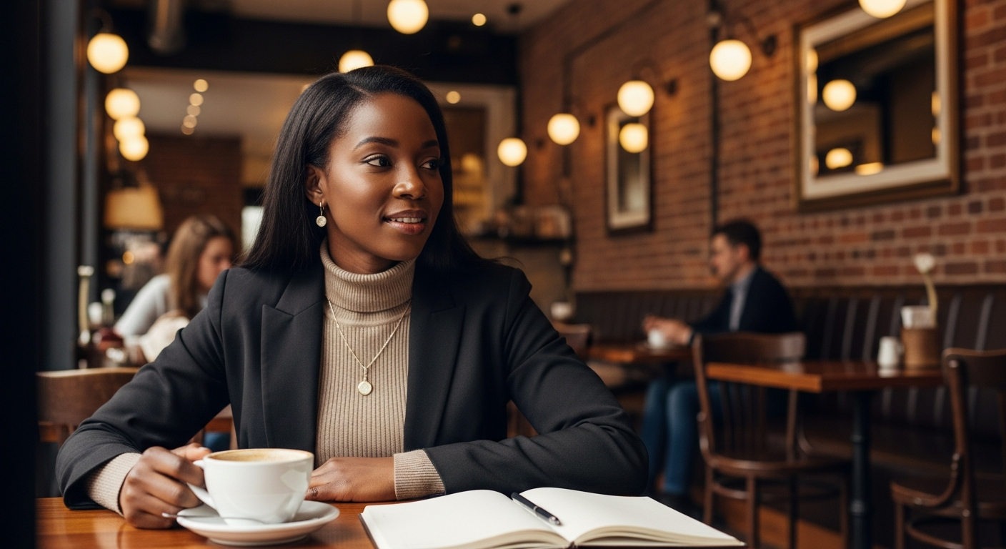 A confident Black woman smiling independently in an urban setting, embodying solo polyamory lifestyle