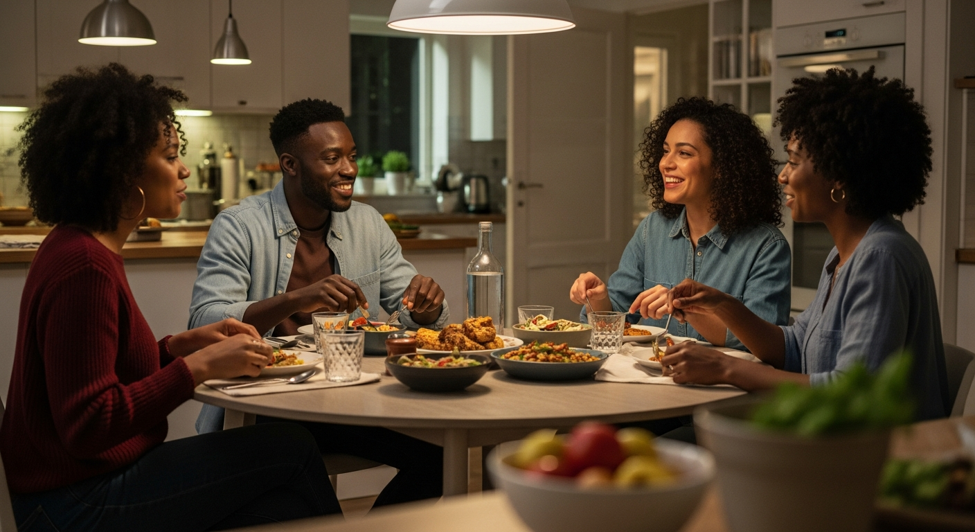 A warm diverse polyamorous group sharing time together in a modern urban home