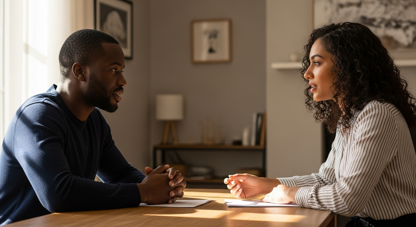 Two people sitting across from each other having a serious and focused conversation at a coffee table