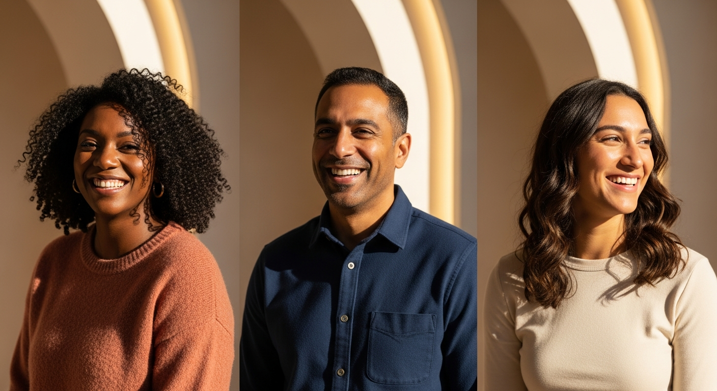 Three diverse friends laughing together over coffee at a bright, welcoming cafe